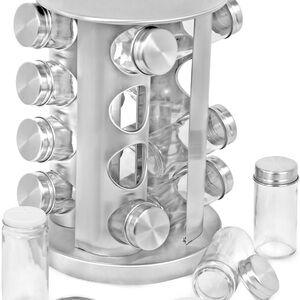 Silver Rotating Spice Rack with Glass Jars